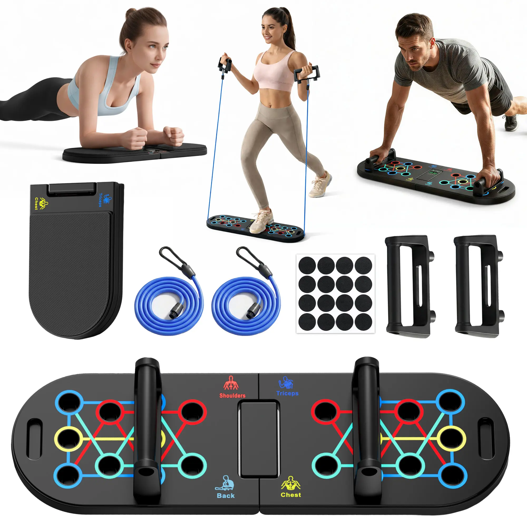 HAVENITY Foldable Push Up Board - Color-Coded At Home Gym Equipment and Home Workout Station with 2 Resistance Bands and Elbow Pad, Portable Fitness Equipment, Workout Exercise Platform, Bicep Curls, Unisex, Push Up Board Resistance Bands, Compact, Reinfo
