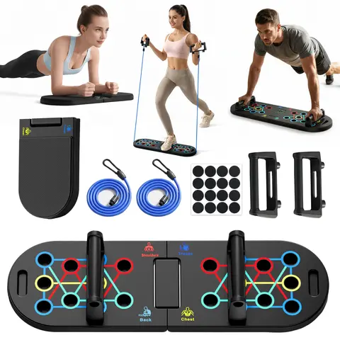 HAVENITY 3-in-1 Push Up Board Home Workout Station - Portable Fitness Equipment for At-Home Fitness, Reinforced Capacity Full-Body Gear with Color-Coded Guides, 2 Resistance Bands, Elbow Pad, 2 Handles, Unisex Calisthenics & Bicep Curls Tool