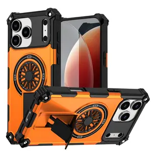 Luxury Heavy-Duty Rugged Armor Magnetic Wireless Charge Bracket Case for IPhone 16 16e 15 14 13 12 16 Pro Max Plus Magsafe Cover