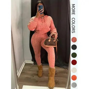 Women’s minimalist textured long-sleeve cropped hooded sweater and high-waisted skinny pants set; casual, cozy knitwear outfit/suit; basic womenswear