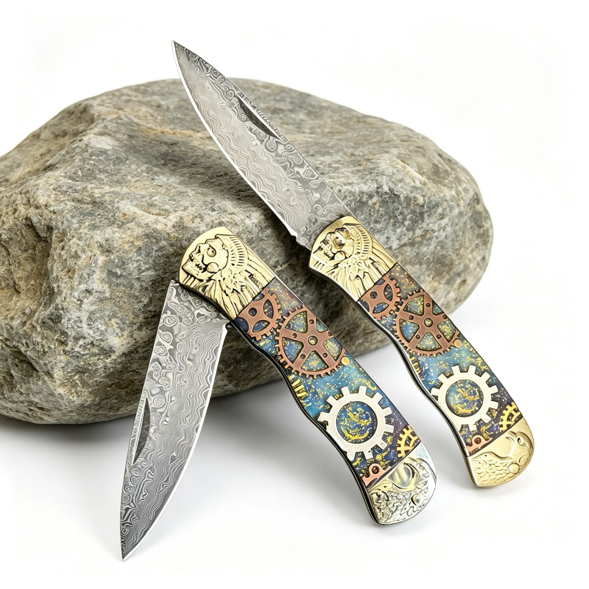 Retro Damascus Pocket Knife with Engraved Gear Handle, 2.56" Mirror Finish Folding Blade, EDC Gear for Outdoor Survival and Camping Supplies, Outdoor Survival Supplies, Edc Pocket Knives, Damascus Steel Pocket Knives