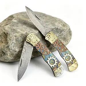 2.56in Blade Damascus Pocket Knife, Damascus Mirror finish Blade with Retro Gear Handle, EDC Sharp Folding Knives, outdoor Tool for Tactical Camping Survival Hiking, Gifts for Men Women