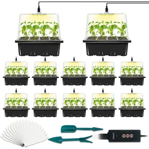 12-Set Seed Starter Tray with Grow Light, Seed Starting Trays Kits with Timing Controller Adjustable Humidity Domes Heightened (12-Cells Per Tray)