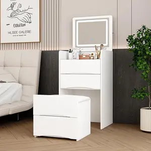 FUFU&GAGA 18.3" W Makeup Vanity Desk Set with Lighted Mirror and Storage, Makeup Dressing Table for Bedroom with Adjustable Lighting, Tempered Glass Top and Pull-Out Stool Led Compact