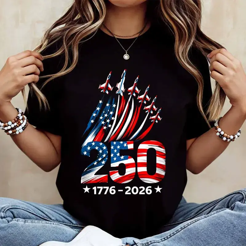 Women's Soft Pure Cotton Loose-Fitting T-Shirt - 250th Anniversary Patriotic Jet Digital Print, Short Sleeve Round Neck, European Sizes, Lady Americana Top for Summer, Comfortable Essential Fashion Apparel (Do Not Bleach)