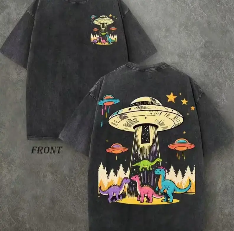 Vintage Washed Mint Green Nostalgic Science Fiction T-Shirt - Oversized Crew Neck Short Sleeve T-Shirt with UFO and Dinosaur Prints, Suitable for Daily Leisure, Summer Adventure, Gift for Space and Dinosaur Lovers