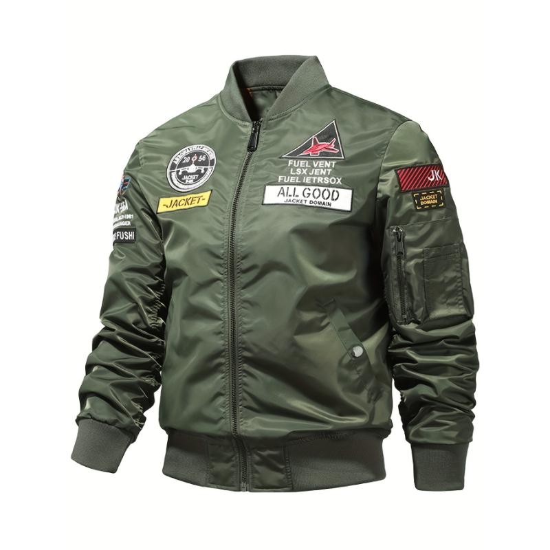 Men's Air Force Themed Letters Embroidery Baseball Collar Jacket, Casual Stylish Long Sleeve Windproof Motor Coat Outdoor Clothes