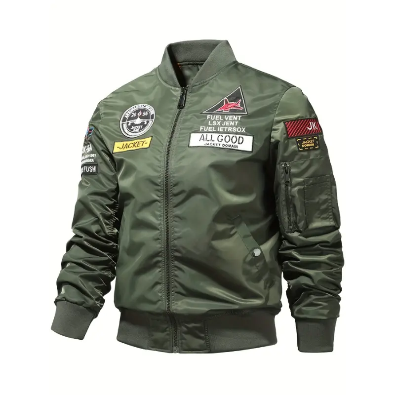 Men's Air Force Themed Letters Embroidery Baseball Collar Jacket, Casual Stylish Long Sleeve Windproof Motor Coat Outdoor Clothes
