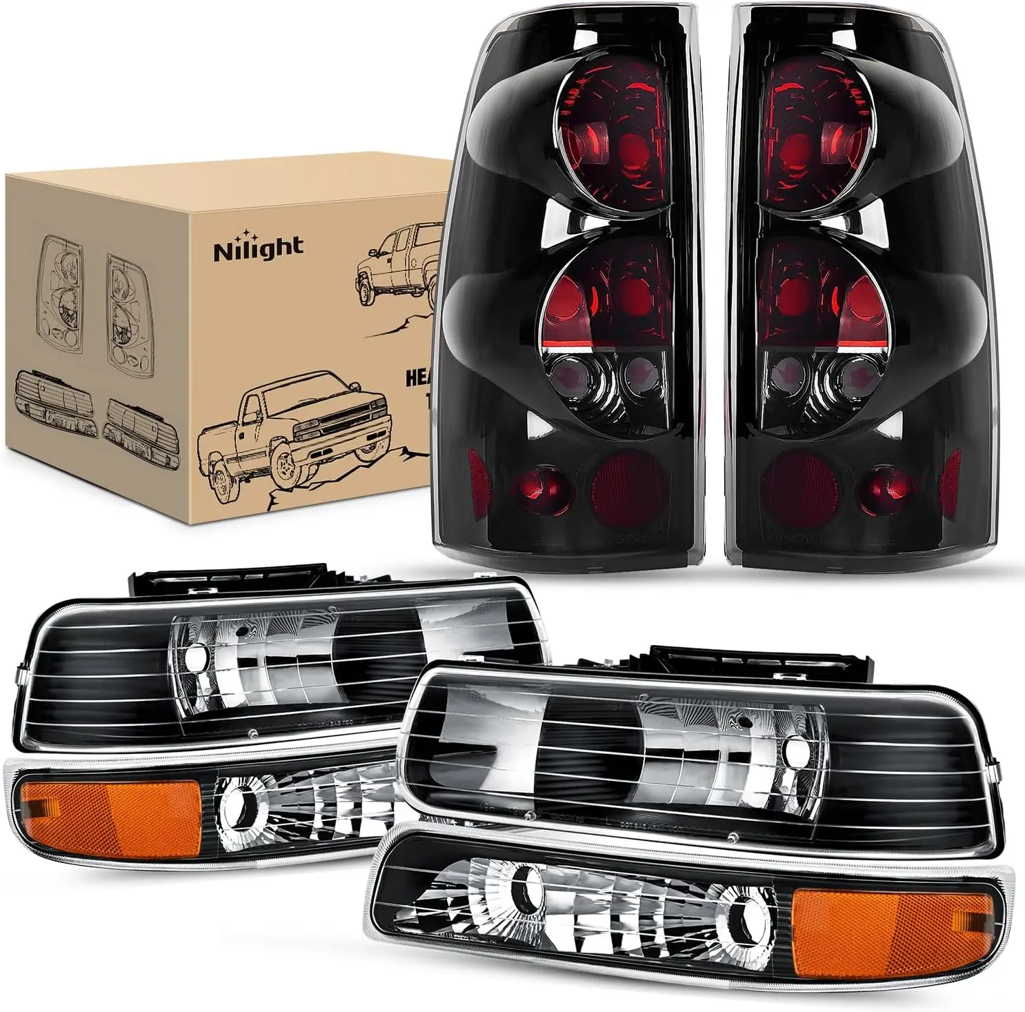 Nilight OE-Style Automotive Headlight & Taillight Assembly Combo - Black Housing, Amber Reflector, Smoke Lens - Replacement Blinker Lights for 1999-2002 Chevy Silverado 1500/2500, 2001-2002 1500HD/2500HD/3500