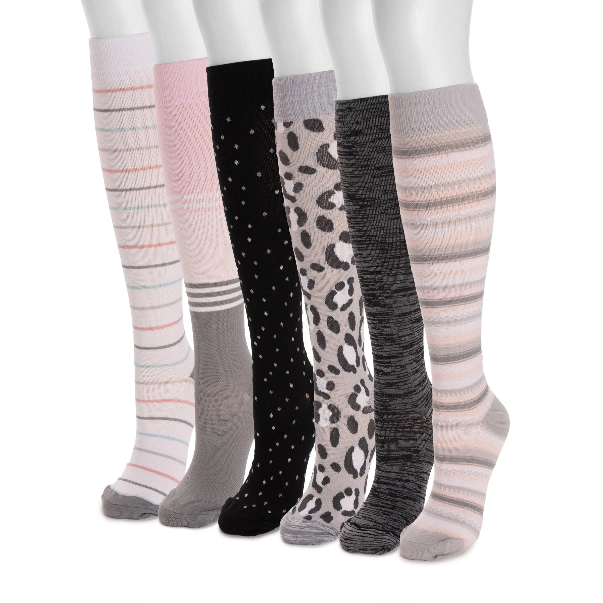Women's 6-Pack Nylon Knit Mesh Compression Knee-High Socks - Breathable, Comfortable, Anti-Fatigue, Extra-Wide, Arch Support, All-Day Everyday Wear, Breathable Knee-High Socks, Comfortable Knee-High Socks
