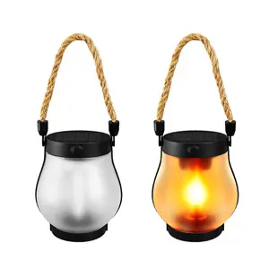 Set of 2 Solar Flame Lanterns —LED Outdoor Flickering Hanging Lights | IP65 Waterproof | 2 Modes | Dual USB/Solar Powered | Auto On/Off | Ideal for Gardens, Courtyards, Patios, Porches, and Home Decor，