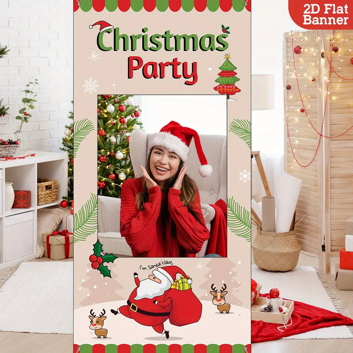 1pc 2D Flat Christmas Photo Backdrop Cloth Photo Frame with Santa, "Christmas party", No Power Needed Ideal for Holiday Parties & Home Decor, Christmas Decorations, 70.8 x 35.4 Inches