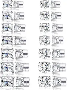 14 Pairs Unisex Magnetic Earrings, Non-Piercing, Round Square Chloraurate Copper Metal Studs, Stainless Steel Clip-On, Silver Color, 4-10mm