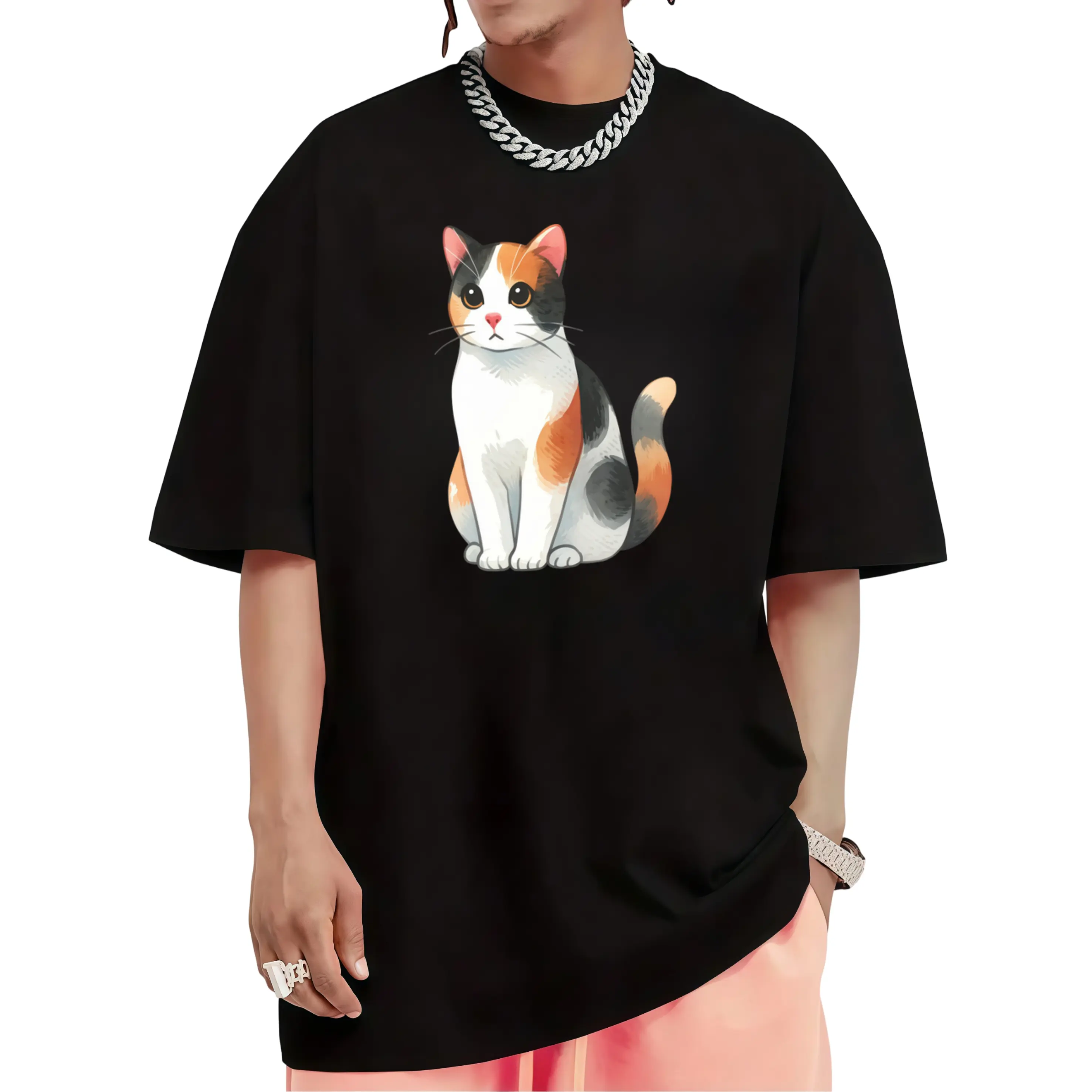 Men' Vintage Calico Cat T-Shirt - Suitable for - Loose Fit Round Neck Tee with Calico Kitten, Casual Casual Attire for, Hand Washable Retro Shirt