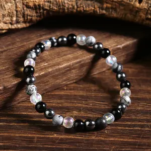 Natural Snowflake Obsidian Black Tourmaline Aura Quartz Hematite Crystal Gemstone 4mm Round Beads Handmade Empath EMF Protection Bracelet Healing Reiki Stretch Women Bracelet