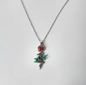 #564 Snake & Red Rose with Green Leaves 18 inch with 2 inch exender Necklace- Casual Everyday Animal Reptile Gothic Jewelry