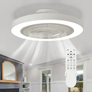 Modern Ceiling Fan with Light: 19" Enclosed Flush Mount Low Profile LED Ceiling Fans with Timming & Remote - Bladeless Fandelier Dimmable Quiet DC Motor for Bedroom Room 6 Speeds, 3000-6000K, White