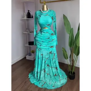 Winter and autumn women's round neck long sleeved printed hollow mermaid dress, party birthday beach sexy evening dress, long sleeved stacked A-line dress, fashionable elastic street wear holiday clothing