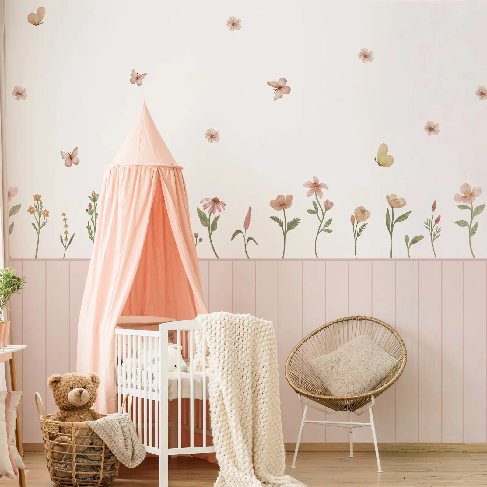 JiffDiff Pink Floral Peel and Stick Wall Decals, Butterfly Flower Wall Stickers with Pink Panel Design, Removable Botanical Wall Decor for Bedroom, Nursery, Playroom, Reading Corner, DIY Room Makeover