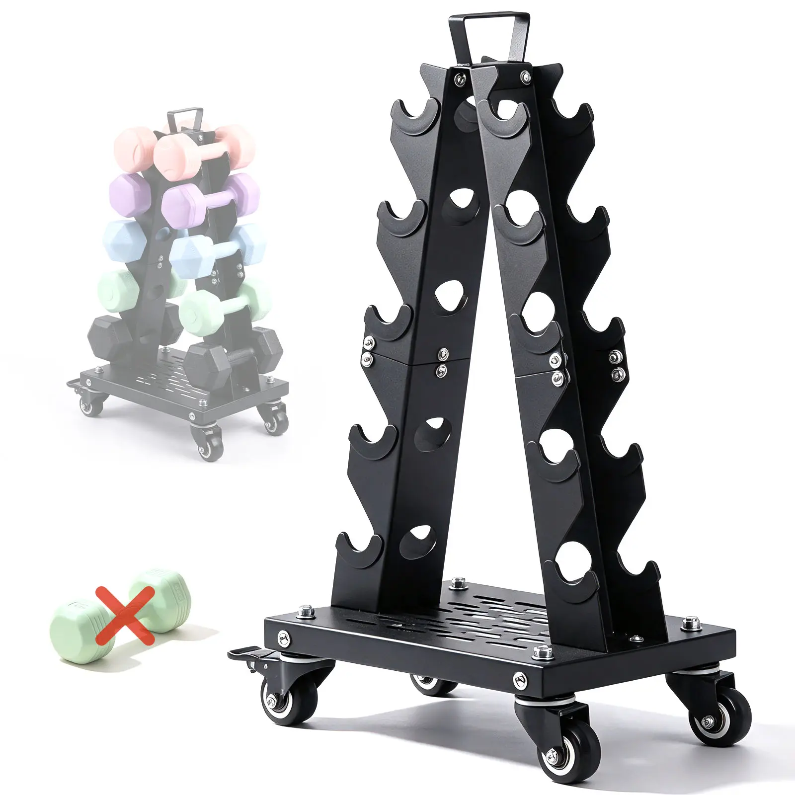 A-Frame Solid Steel Dumbbell Rack, Portable Weight Storage Organizer with Wheels and Tray, Dumbbell Stand for Home Gym Equipment