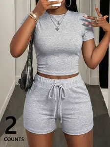 Women's Plain Two-Piece Casual Set, Y2K Slim Fit Short T-Shirt & Drawstring Waist Shorts, Trendy Home Wear, Daily & Home Use