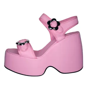 Ezra Pink Flower Power Platform Sandals, Retro, Vintage, 70's, 90s, y2k, chunky sandals, floral, pink, barbie, colorful, casual, wedges