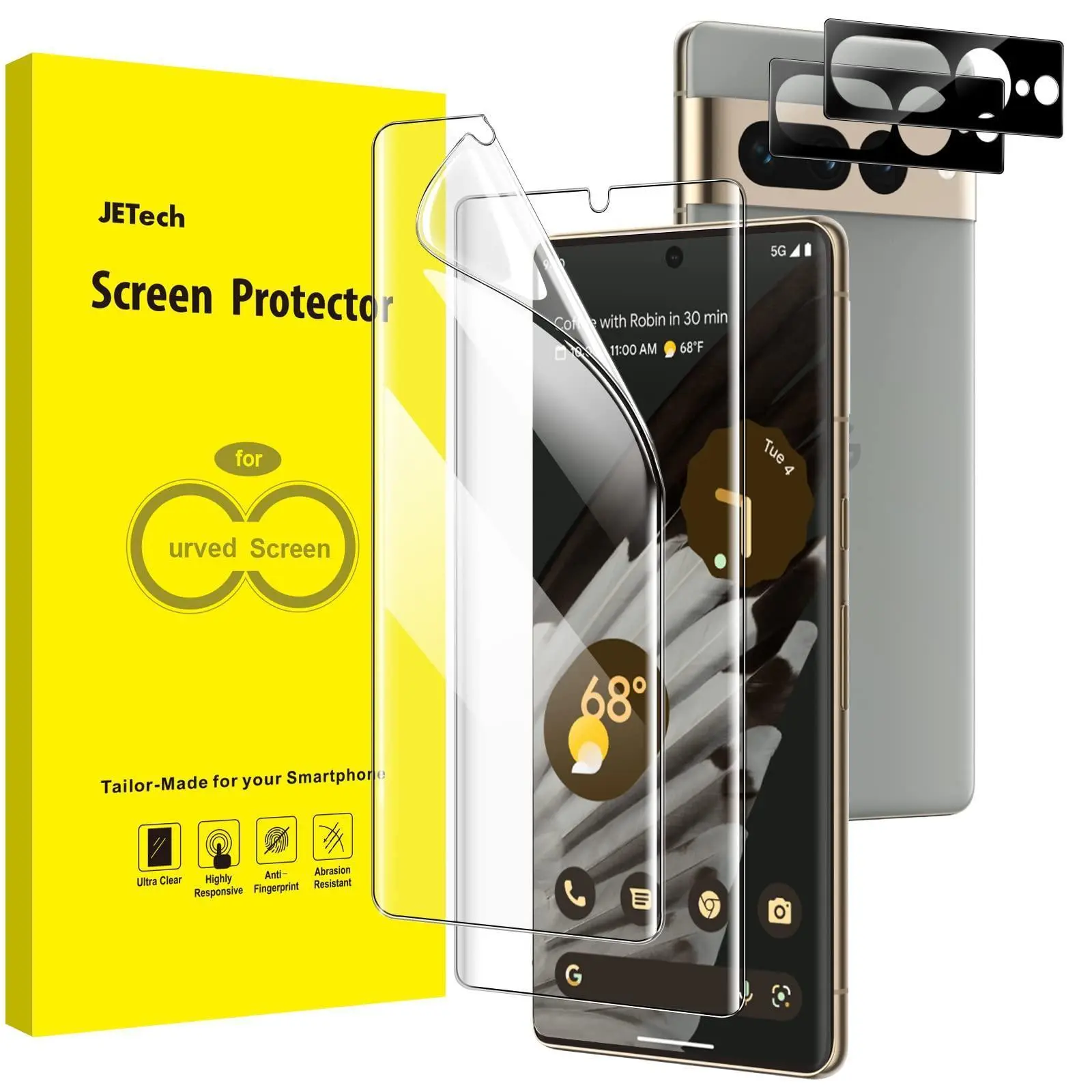 JETech Screen Protector for Google Pixel 7 Pro with Camera Lens Protector, Flexible TPU Film, Fingerprint ID Compatible, HD Clear, Easy Install, 2-Pack Each