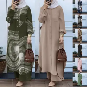 Women’s Eid/Ramadan Muslim two-piece set featuring solid shirts and wide-leg pants; Islamic clothing; kaftan (Dubai); prayer clothes; plus sizes; jilbab; casual wear