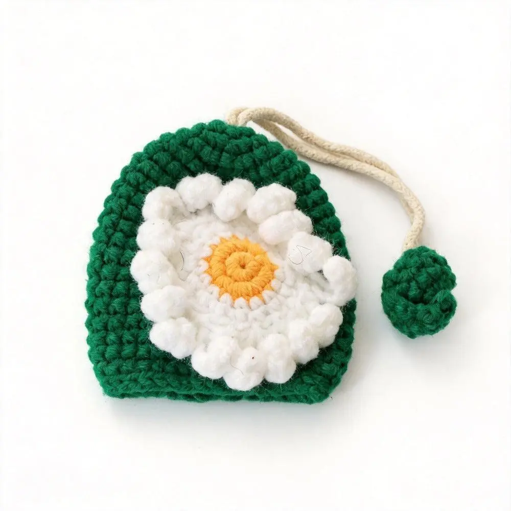 Whimsical Handmade Yellow Cotton Yarn Crochet Daisy Flower Key Cover - Cute Accessories, Pocket-Sized Unisex Drawstring Fabric Accessory with Textured Bobble Stitches for DIY Craft Projects, Gift for Flower Lovers