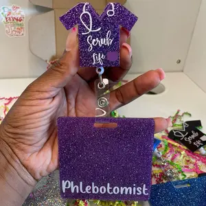 Glitter Acrylic Phlebotomist Badge Reel and Buddy Set. Scrublife Badge Reel With Phlebotomist Badge Buddy Identification Holder for Work or School