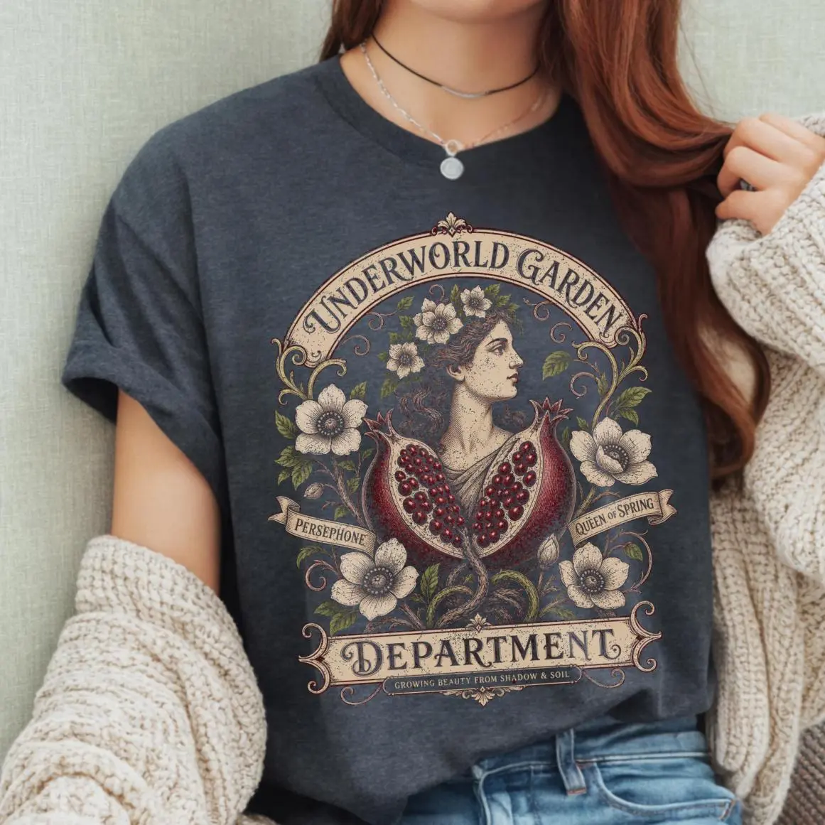 Persephone Goddess Underworld Garden Shirt, Greek Mythology T-shirt,  Vintage Gothic Grunge Tee, Greek Myths Pomegranate Shirt, Soft Cotton Blend, Breathable Comfort, Comfortable Stretch, Moves with You