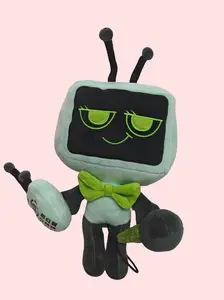 Cute DJ Robot Plush Toy, 25cm Soft TV Head Stuffed Doll with Microphone, Anime Game Collectible Plushie Gift