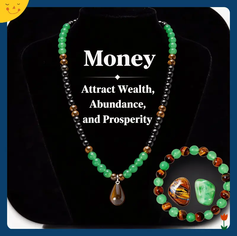 Money Attraction Necklace bracelet set With Green Aventurine & Tiger Eye  Pendant Healing Crystal Stone ，Anniversary, Vacation &Theme Parties Jewelry Charms Abundance Crystal bracelet，Long Chain，Sweater chain，Ideal Gift Jewelry for Men and Womensummerwins