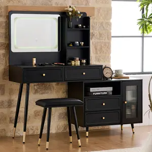 Modern Makeup Vanity Table Set With HD Mirror And Stool,Retractable Dressing Table with Drawers and Cabinet,Compact Makeup Table Set with Power Outlet for Bedroom Lighted Bedroom Dressing Table Set