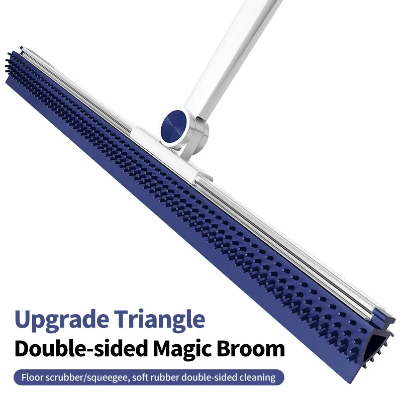 Upgraded Double-Sided Magic Broom, 180° Swiveling Head, Adjustable Stainless Steel Extendable Handle, Detachable Silicone Rubber Squeegee Wet-Dry Wiper for Indoor Floors, Surface Pet Hair & Stain Removal