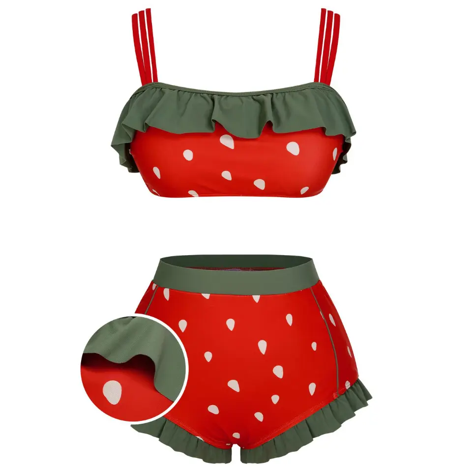 RETRO STAGE 1950s Red Strawberry Ruffle-Strap Bikini Swimsuit, Women's Bathing Suit, Vintage Bikini Set, Bathing Suits, Bikini Setsvacation swimwear for women cute summer outfits
