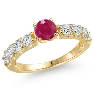 14K Yellow Gold Red Ruby and Lab Grown Diamond Engagement Ring For Women | 1.65 Cttw | Round 5MM | Gemstone July Birthstone