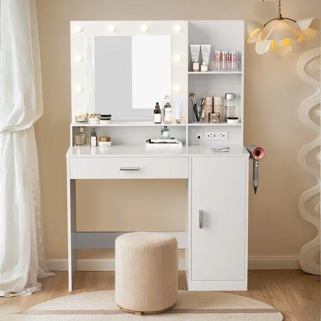 FURMAX 35.4 Inch Vanity Desk with Mirror & Charging Station, White | LED Makeup Vanity Table with 3 Color Adjustable Lights, 3 Drawers, Large Cabinet and Shelves for Bedroom/ Dressing Room