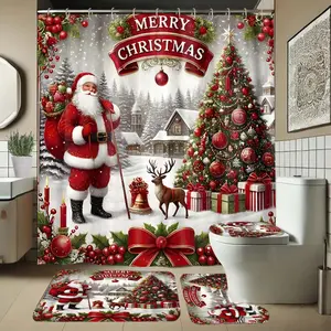 Christmas Snowman Pattern Bath Curtain Set, Includes Rug and Hooks, Non-Slip Shower Mat, U-Shaped Toilet Lid Cover Pad, Shower Curtain Sets