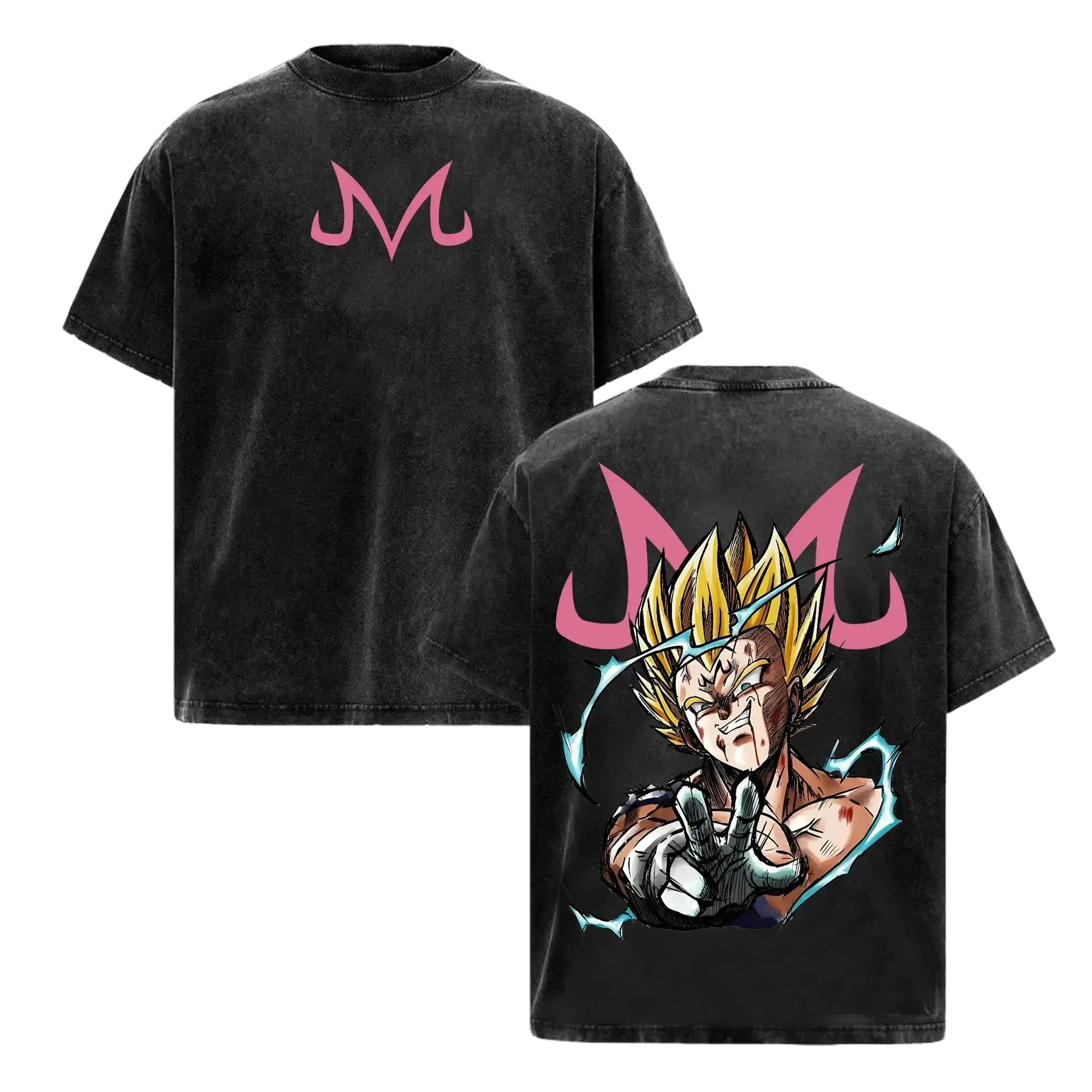 Men's Oversized Black Majin Vegeta IV Washed Graphic T-Shirt - Loose Short-Sleeve, Y2k Casual Workout Top, BallZ Design with Majin Symbol, CKUH
