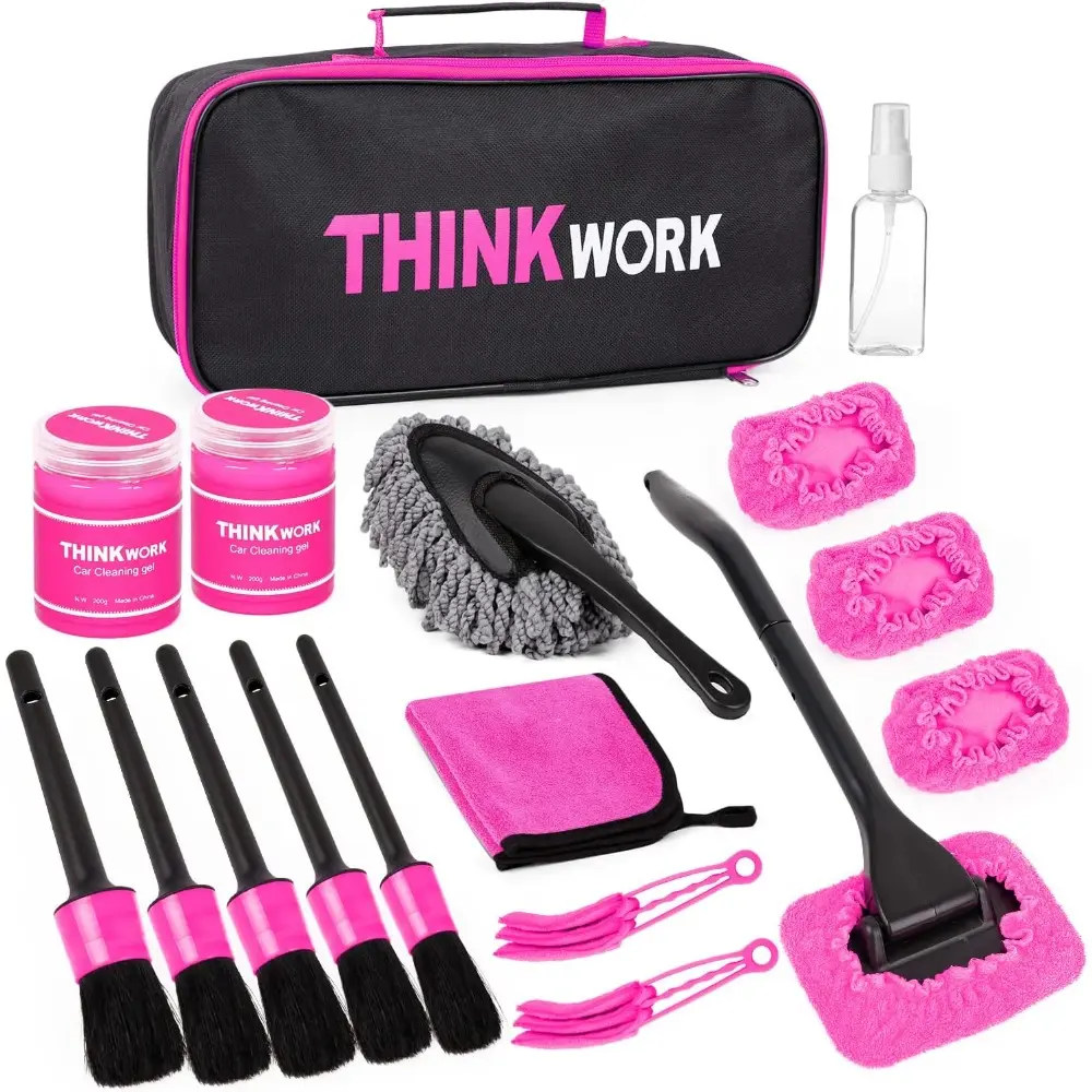 Pink Car Interior Duster Kit, Car Detailing Brush Kit for Cleaning Windows, Windshield, Dashboard and Air Vents For All Cars