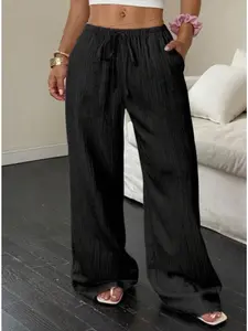Plus Size Women High Waist Drawstring Textured Wide Leg Pants Bottom, Loose Draped Fit, Curvy Casual Straight Leg Trousers