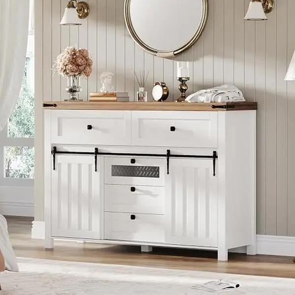 GARVEE Farmhouse Wood Buffet Cabinet - Sideboard Storage with 5 Drawers, Sliding Barn Doors, Adjustable Shelf for Living Room, Dining Room (Coffee Bar Table Alternative), Sliding Doors