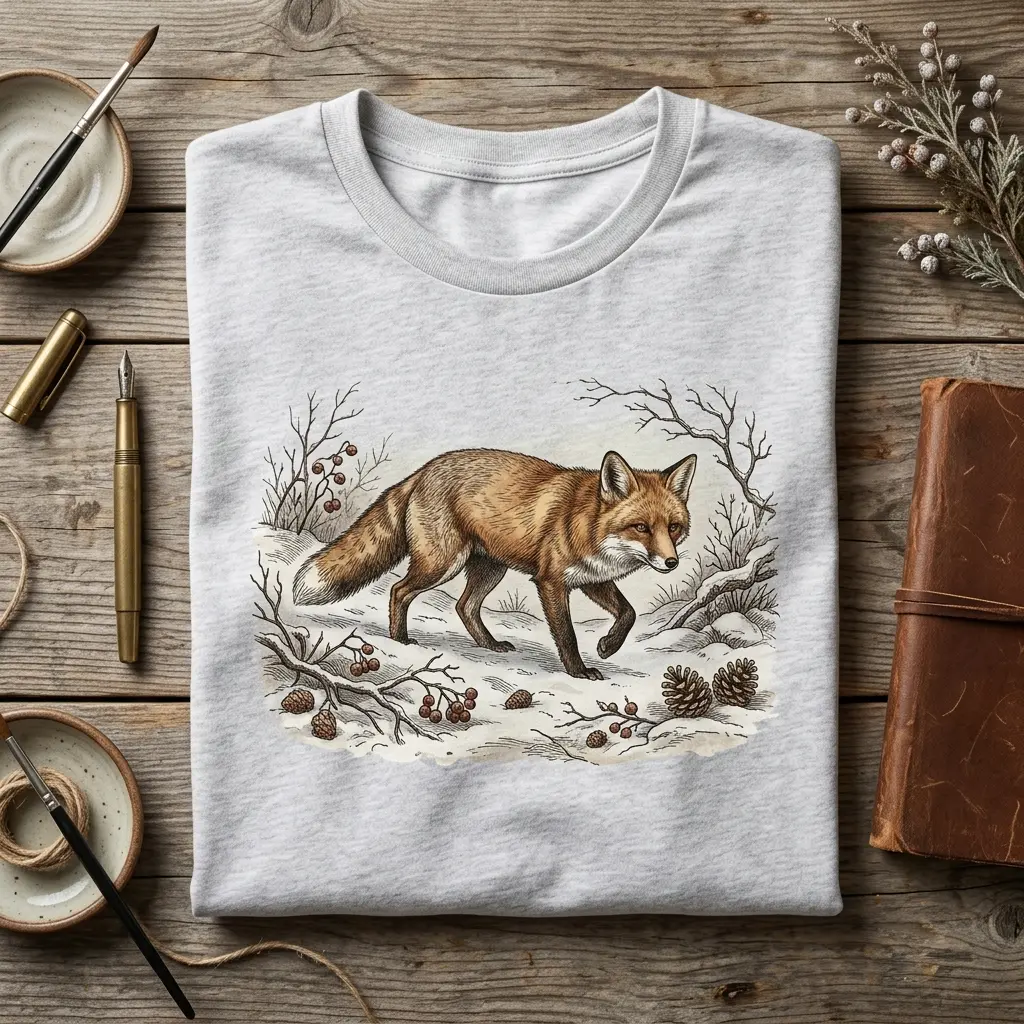 Women's Short-Sleeve Breathable Casual Crewneck T-Shirt - Red Fox in Snow Print, Shortsleeve
