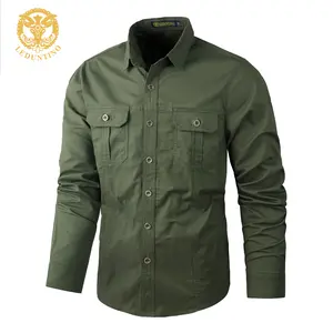 LEDUNTINO Men's Solid-color Pocket Button Front-opening Shirt Casual Long-sleeved Collar Top with Good Breathability Cotton Stretchy Medium Size