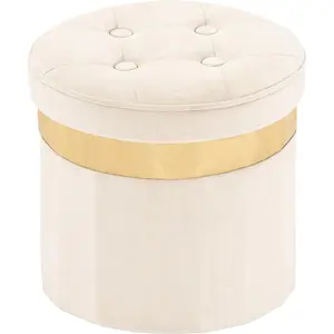 Small Ottoman with Storage,Folding Round Ottoman with Gold Trim,Velvet Storage Stool,Foot Stool with Soft Padded,Foot Rest for Living Room13"x13"x12.4(Beige,1pcs)
