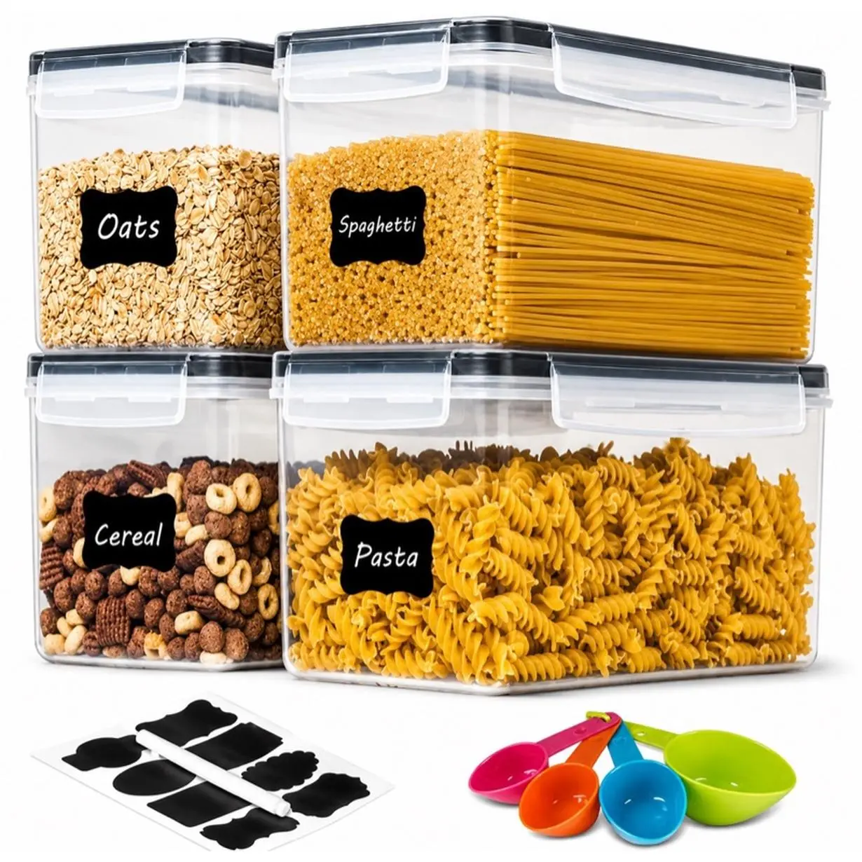 4PCS 3.5L Airtight Food Storage Containers with Lids & 4 Measuring Scoops Plastic Spaghetti Canisters for Pasta Organizer Air Tight Kitchen Pantry Organization