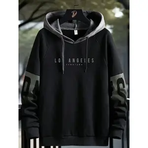 Men's Raglan Sleeve Hoodie with Drawstring, Comfortable Casual Daily Wear, Fashion Trendy Hooded Sweatshirt, Letter Graphic Design, Hoodie Letter Logo, Casual Print Hoodie