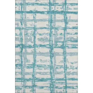 HomeRoots 662824 9x12 ft. Teal & Ivory Strip Area Rug, Transitional Machine-Washable Rectangle Rug with UV Protection, Machine-Washable Area Rugs, Strip Area Rugs