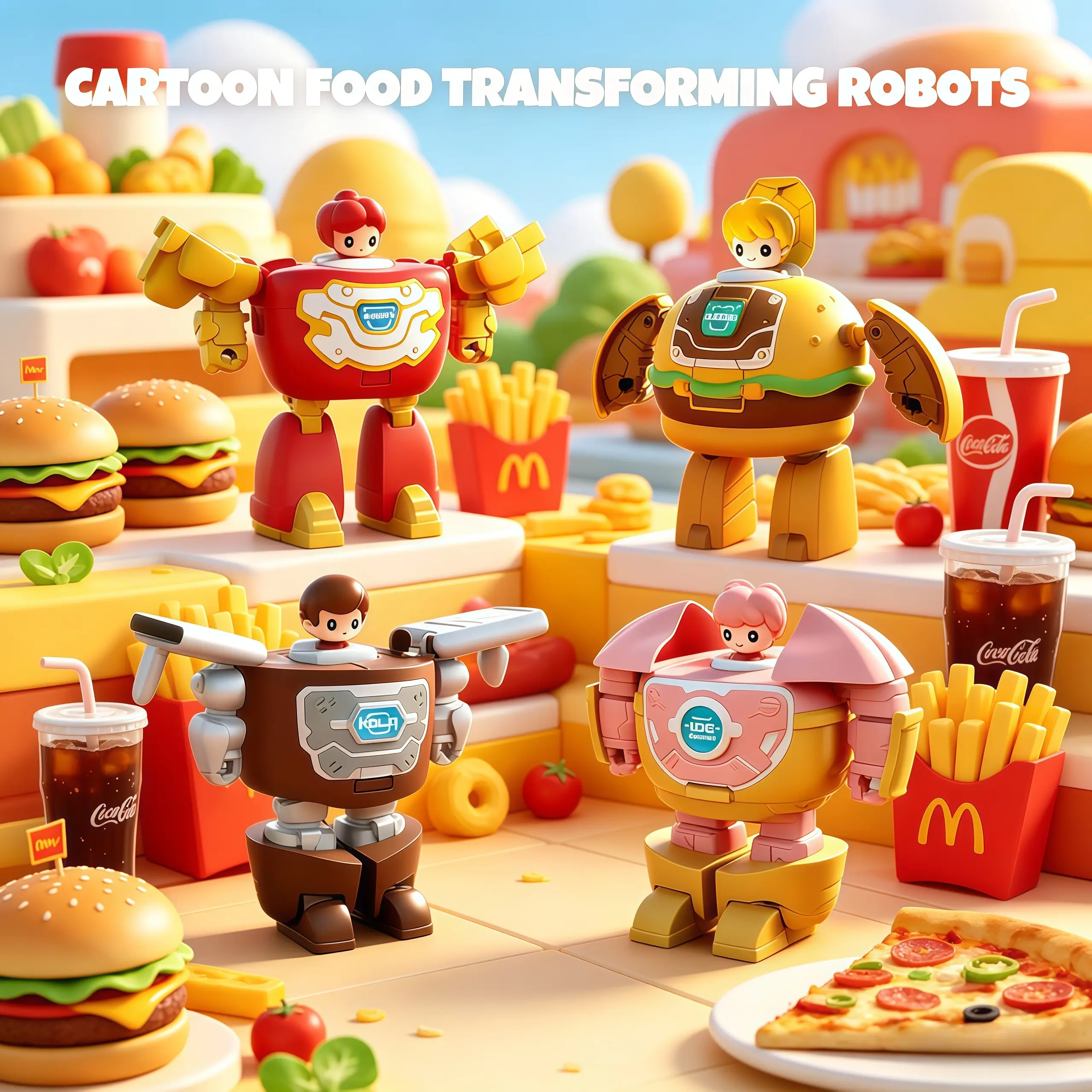 4PCS  2-in-1 Food Transforming Robot Toys for Kids, 4 Pack Deformable Fast Food Figures (Burger/Fries/Cola/Ice Cream), DIY Transformable Action Figures, Educational Toys for Boys Girls 3+, Birthday Christmas Gift